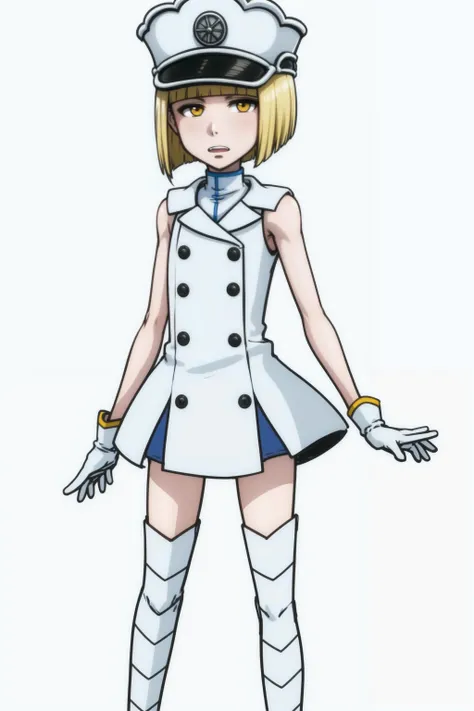 <lora:Liltotto:1>, <lora:adjatha:0.5>,solo, blonde hair, military hat, white gloves, thigh boots, yellow eyes, 1girl, short hair, white background, sleeveless dress, simple background, boots, full body, zettai ryouiki, standing, white footwear, looking at viewer, bare shoulders, parted lips, uniform, white headwear, white dress, short dress, buttons, bare arms, white legwear, undershirt, striped, bob cut, yellow eyes, clenched hand, flat chest, , blunt bangs, open mouth, teeth, arms at sides,