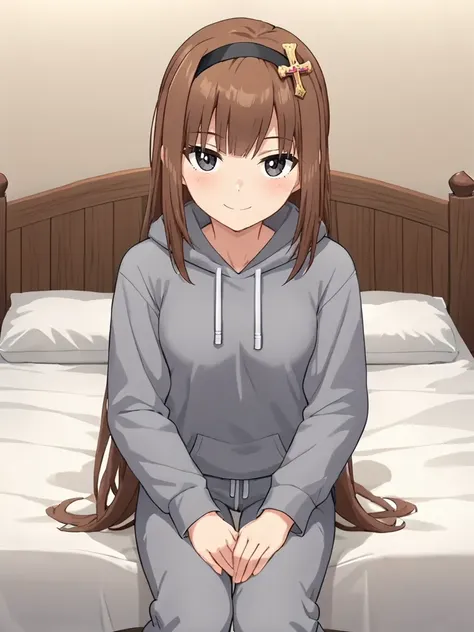 <lora:exorcistcharlotte.pony.v2:0.8> score_9, score_8_up, score_7_up, 2D, anime_screencap,
mizukikonoe, hair ornament, cross, solo,indoors, bed, sitting, gray shirt, gray pants, pajamas, hoodie, looking at viewer, smile,