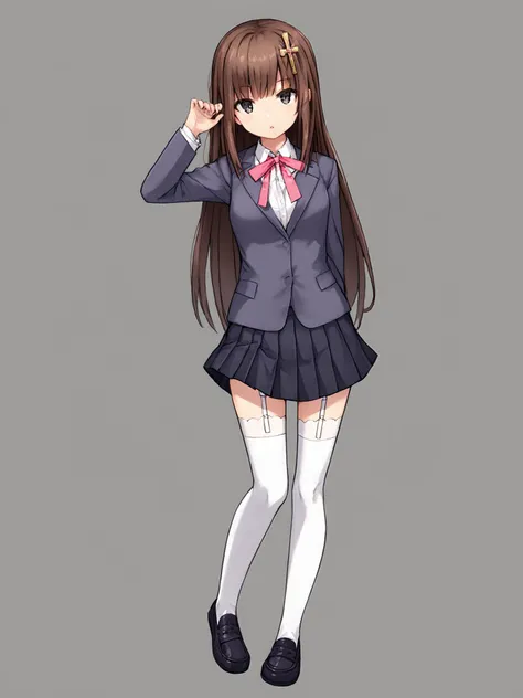 <lora:exorcistcharlotte.pony.v2:0.8> score_9, score_8_up, score_7_up, 
mizukikonoe, hair ornament, cross, solo, looking at viewer, simple background, thighhighs, school uniform, standing, full body, white shirt, pleated skirt, parted lips, collared shirt, hand up, black skirt, grey background, black footwear, white thighhighs, neck ribbon, garter straps, blazer, pink bowtie, loafers, arm behind back