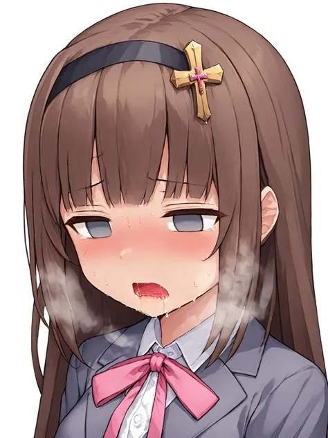 <lora:exorcistcharlotte.pony.v2:0.8> score_9, score_8_up, score_7_up,
mizukikonoe, exhausted, empty eyes, solo, blush, open mouth, simple background, white background, school uniform, closed eyes, white shirt, upper body, collared shirt, saliva, neck ribbon, blazer, drooling, heavy breathing, pink bowtie, embarrassed, hair ornament, cross, grey eyes,