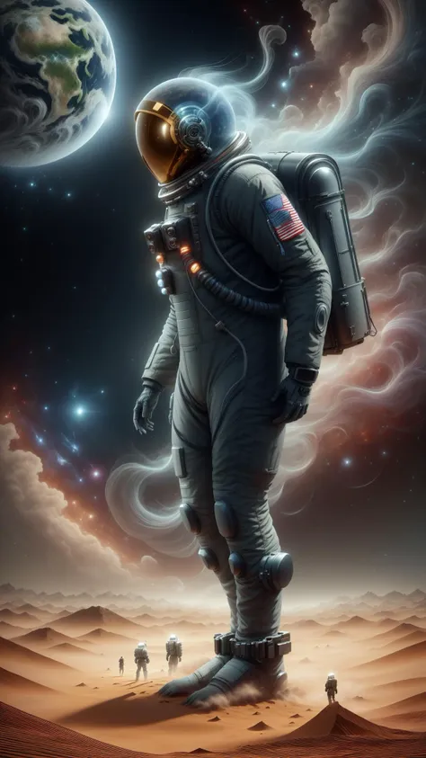 <lora:ElementWind:1.0> ElementWind A lone astronaut, first human footprints on an alien moon, powdery gray surface, blue and green terrain, spacesuit, golden visor, earth in the background, dramatic side-angle shot, low light, contrasting shadows, digital painting, detailed texture, high-resolution, cinematic, adventurous mood,haunting poltergeists playing tricks on nomads in the tundra, (Masterpiece:1.3) (best quality:1.2) (high quality:1.1)