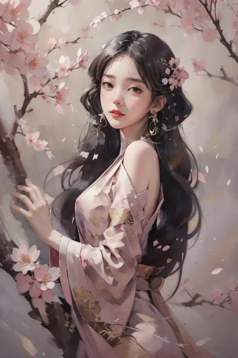 1girl,(pink silk dress,tullece,see-through:1.1),cropped shoulder,elegant,lazy,peach blossom,watercolor,<lora:Colorwater_v4:0.7>