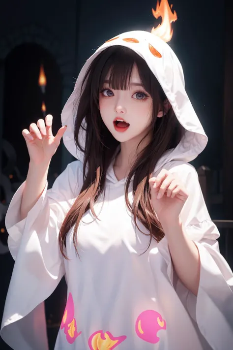 masterpiece,best quality,haunted theme park,haunted by chibi ghosts,cute,whimsical,glow,glowing,fun,silly,mystical,light particles,flame,<lora:GhostCostumeV1:0.8>,ghost costume,hood,open mouth,fang out,claw pose,blush,<lora:MengX girl_Mix_V40:0.8>,