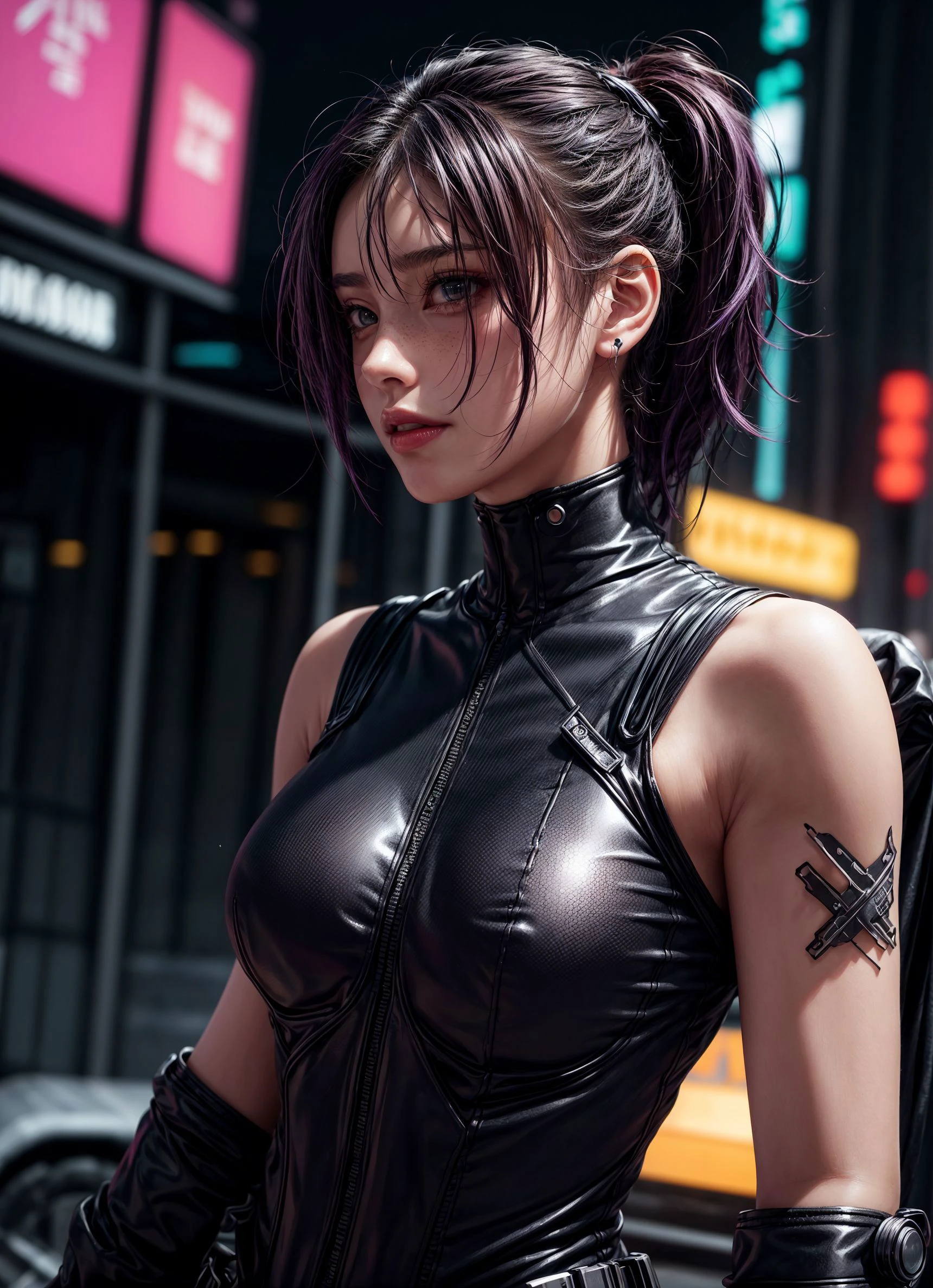best quality, masterpiece, ultra realistic, cinematic, beautiful, smiling, quirky, playful, photorealistic, cyberpunk, ultra high resolution, ultra detailed, 1 girl, cyborg, cute comic,small freckles, short purple hair, upper body, mysterious, fantasy, hacker, neon lights, RGB lights, colorful, upper body, tattoos, face implants, science fiction, cyberpunk style, depth of field, hi-fi, <lora:add_detail:0.6>, <lora:detailed_eye-10:0.3>, <lora:ARWCyberpunkInterior:0.2> , <lora:more_details:0.7>, <lora:sdxl_cyberpunk:0.5>,<lora:skin_slider_v10: -0.4>, <lora:Bodysuit v13:0.1>, sleeveless bodysuit, slim arms, slim body, smooth skin, navel, <lora:weight_slider_v2:0.08>, <lora:breastsizeslideroffset:0.1>