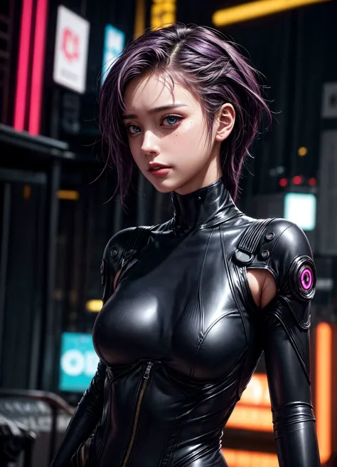 best quality, masterpiece, ultra realistic, cinematic, beautiful, smiling, quirky, playful, photorealistic, cyberpunk, ultra high resolution, ultra detailed, 1 girl, cyborg, cute comic, small freckles, short purple hair,, urban, upper body, mysterious, fantasy, hacker, neon lights, RGB lights, colorful, upper body, tattoos, face implants, science fiction, cyberpunk style, depth of field, hi-fi, <lora:add_detail:0.6>, <lora:detailed_eye-10:0.3>, <lora:ARWCyberpunkInterior:0.2> , <lora:more_details:0.7>, <lora:sdxl_cyberpunk:0.5>,<lora:skin_slider_v10: -0.4>, <lora:Bodysuit v13:0.1>, sleeveless bodysuit, slim arms, slim body, smooth skin, navel, tight body suit, slim clothing, tactical, side profile, <lora:zovyaWetHairLORA64_V1:0.3>, <lora:weight_slider_v2:0.08>, <lora:breastsizeslideroffset:0.1>