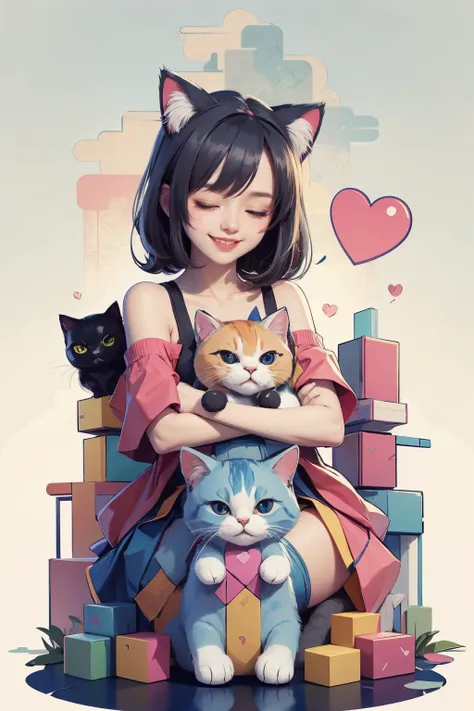 1girl,cute,cat ear,cat tail,cute face,cat,multicolored_skirt,wardrobe_malfunction,off-shoulder_shirt,kneeling,holding blue cat,happy,laughing,british shorthair cat,heart cheeks,heart stickers,cat paws,animegao,(one eye closed:1.1),head tilt,