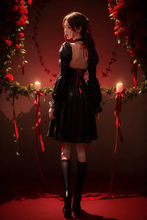 (best quality,masterpiece:1.2),(light),(shadow),1 girl,(small breasts),floating hair,glowing eyes,black hair,red eyes,sad,((rose)),((vines)),(blood),bandage,red rope,<lora:add_detail:0.8>,<lora:MengX girl_Mix_V40:0.8>,Victorian Gothic Art,dramatic lighting,((wrapped with red ribbon)),black_loafers,lazy,volumetric lighting,back lighting,