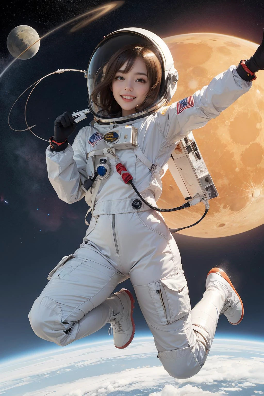 1girl,astronaut,orange planet uniform,on moon,sumiyoshi rocket,moonscape,happy,space helmet,jumping,dynamic angle,