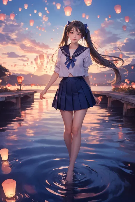 sky lantern,standing on water,feet in water,ripples,the lavender sky,(sailor shirt,pleated skirt,twin tails,long hair,bow:1.4),(happy,smile,shy,blush:1.2),wind,floating hair,dynamic pose,fisheye,
A whimsical sight of paper lanterns floating against the twilight sky,captured in a wide view by Tim Walker. The lanterns cast a warm glow,creating a dreamlike tableau that melds tradition with beauty,i can't believe how beautiful this is,dream-like atmosphere,<lora:绪å¿-åæç¯èæ¯_V1:0.8:lbw=OUTALL>,(((spinning))),volumetric lighting,<lora:MengX girl_Mix_V40:0.8>,vibrant colors,rule of thirds,romanticism,full body,