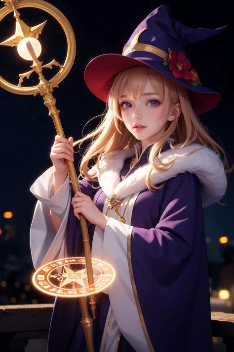 anime,cute girl,solo,wizard hat,robe,holding ancient staff,happy,magic circle,midnight,bloom,ambient occlusion,glowing lights,light particles,bokeh,glowing,