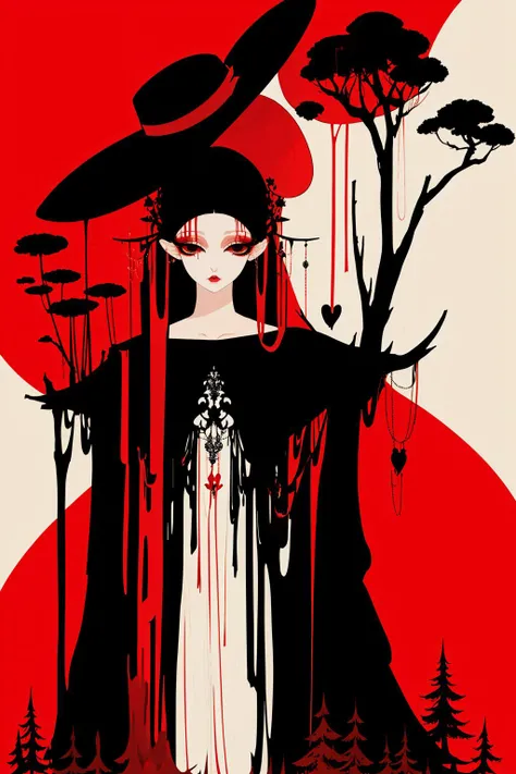 a girl standing under the dead tree,black and red palette,eerie,pale skin,<lora:jtc_v1.0:0.75>,jtc,