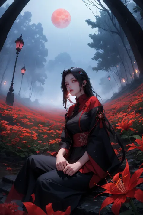 1girl,spider lily,red flowers,rain,sky,<lora:spider_lily-000010:0.4>,long hair,mist,fog,haze,fisheye,cowboy shot,flower field,<lora:PAseerSytxJourney:0.8>,horror,dark theme,monster girl,sytx,yinjian,night,red moon,dynamic pose,glowing,sitting,