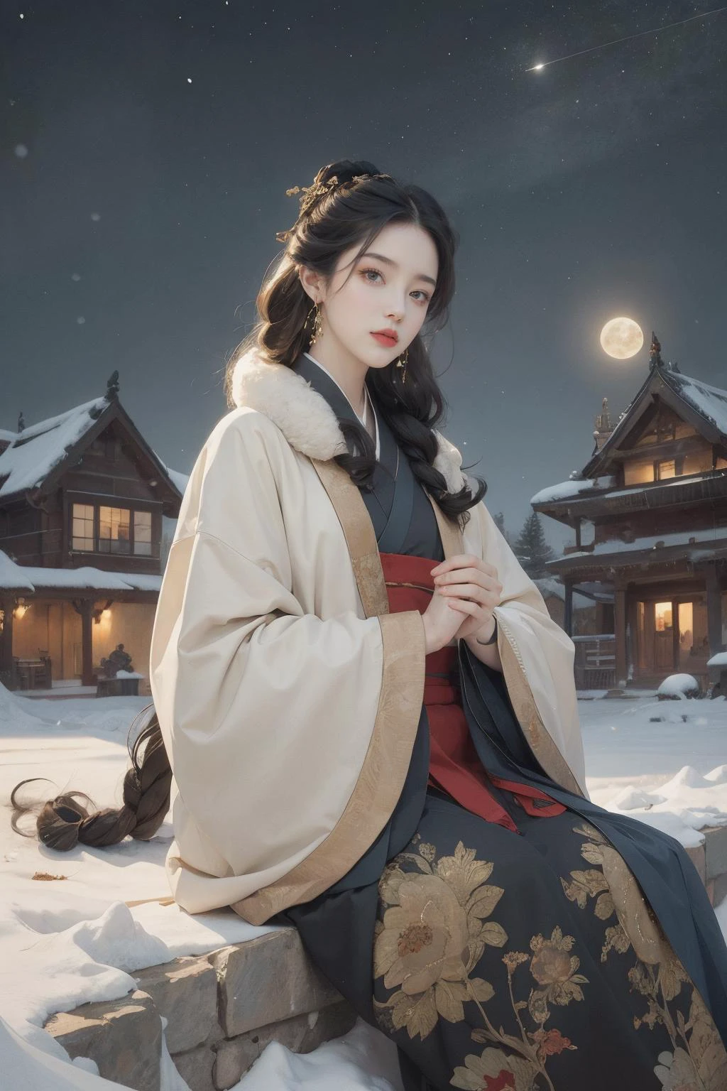 moon,night,long hair,full moon,1girl,sky,snow,outdoors,black hair,hanfu,sitting,night sky,animal,wolf,tree,snowing,long sleeves,wide sleeves,winter,chinese clothes,bangs,bare tree,sidelocks,very long hair,fur trim,star (sky),cloud,steam,jewelry,earrings,fur,closed mouth,<lora:anxiang:0.55>,