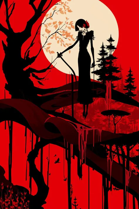 a girl standing under the dead tree,black and red palette,eerie,pale skin,<lora:jtc_v1.0:0.75>,jtc,