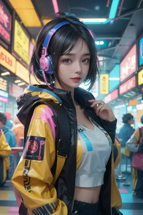 1girl,solo,jacket,short hair,black hair,neon lights,headphones,lips,headset,looking at viewer,nose,mole,backpack,upper body,yellow jacket,cyberpunk,bag,<lora:MengX girl_Mix_V40:0.8>,music,music notation,to dance,happy,smile,blush,(glowing:1.2),vivid color,