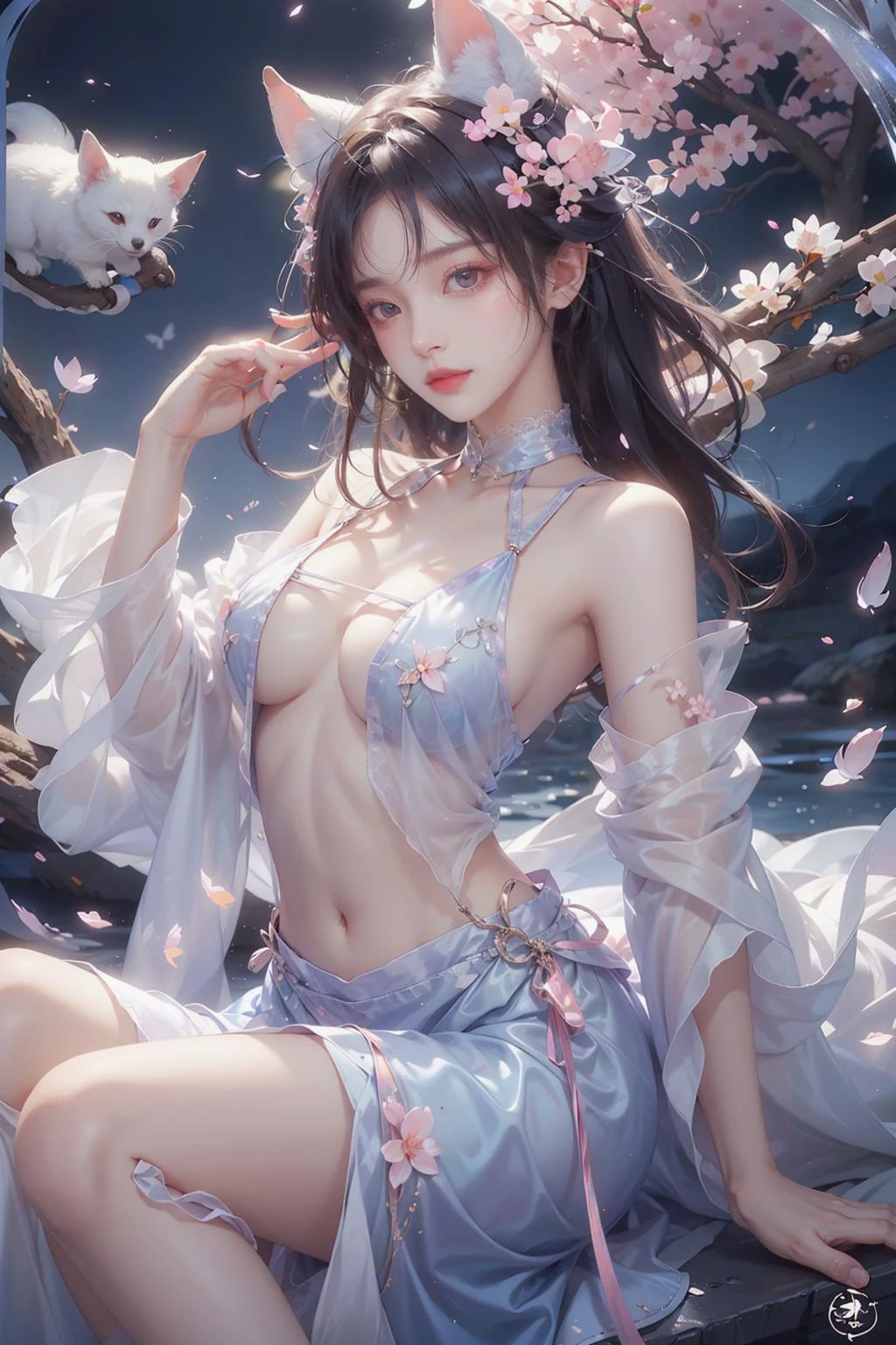 1girl,iridescence,(cherry blossoms),river,moutain,<lora:MengX girl_Mix_V40:0.8>,(underboob:1.1),navel,((bunches)),<lora:å¹»å
çç_v3.0:1>,<lora:æ³å
:0.3>,lace,choker,night,rim lighting,falling petals,silk,see-through,