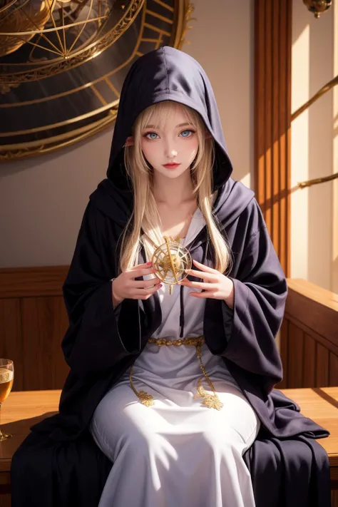 masterpiece,best quality,1girl,elf,platinum blonde hair,black robe,hooded robe,sitting across table,orrery,mystic,gold trim,looking at viewer,glowing eyes,<lora:MengX girl_Mix_V40:0.8>,<lora:add_detail:0.8>,ancient apocalyptic prophecy,
