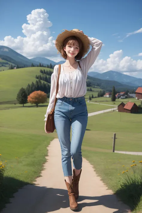 masterpiece,best quality,rustic village,rolling hills,autumn,peasant woman,bonnet,clouds,blue sky,sun,<lora:MengX girl_Mix_V40:0.8>,bohemian chic,playful,freckles,<lora:add_detail:0.8>,short messy hair,full body,head tilt,smile,blush,walking,arm up,beckoning,from above,fisheye,<lora:zoom_slider_v1:-4>,depth of field,foreshortening,dutch angle,open hand,wind,