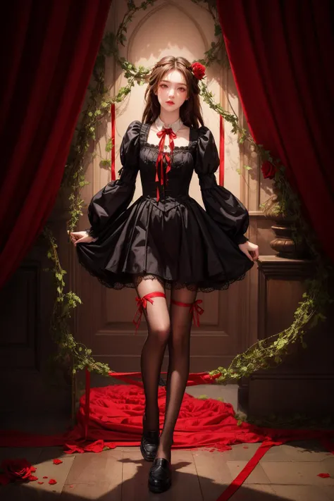 (best quality,masterpiece:1.2),(light),(shadow),1 girl,(small breasts),floating hair,glowing eyes,black hair,red eyes,sad,((rose)),((vines)),(blood),bandage,red rope,<lora:add_detail:0.8>,<lora:MengX girl_Mix_V40:0.8>,Victorian Gothic Art,dramatic lighting,(wrapped with red ribbon:1.2),black_loafers,lazy,volumetric lighting,