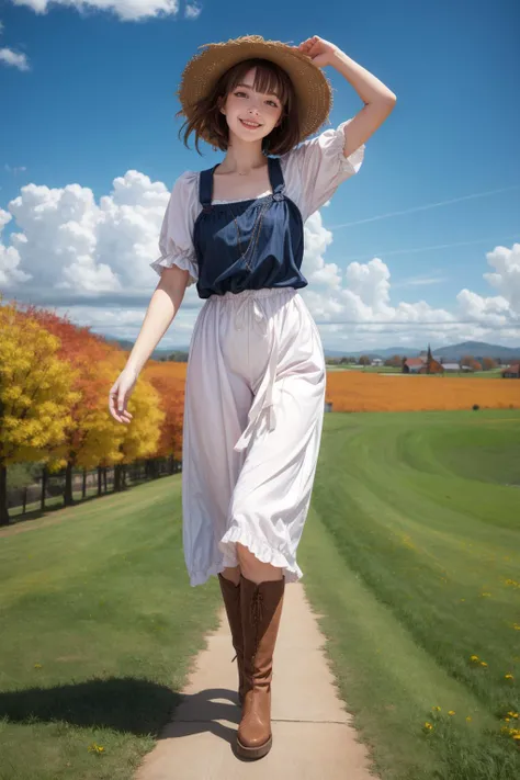 masterpiece,best quality,rustic village,rolling hills,autumn,peasant woman,bonnet,clouds,blue sky,sun,<lora:MengX girl_Mix_V40:0.8>,bohemian chic,playful,freckles,<lora:add_detail:0.8>,short messy hair,full body,head tilt,smile,blush,walking,arm up,beckoning,from above,fisheye,<lora:zoom_slider_v1:-4>,depth of field,foreshortening,dutch angle,open hand,wind,
