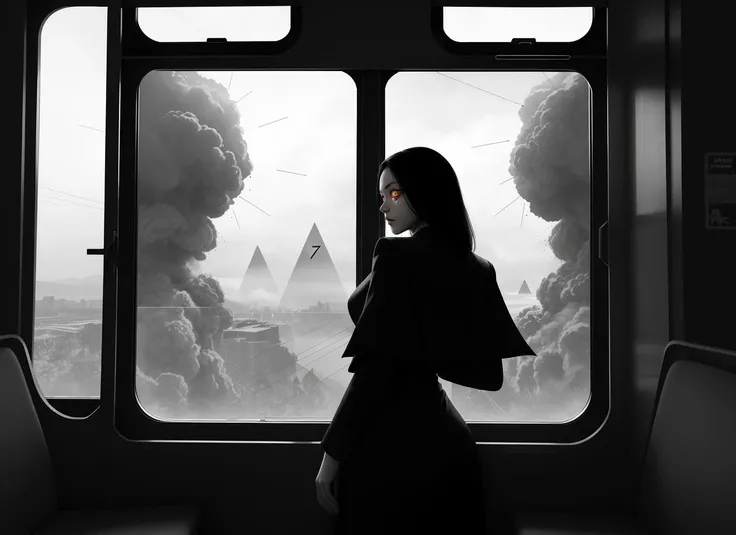 three cornered window, back of head shot of (woman looking out of triangle window:1.1), 3rd person, Looking out the triangular window of a (train:1.1) with triangular windows, triangular windows and triangular, wheels,  in a fantasy world, 
psychedelic, geometric, vivid light, high contrast, triadic colors, dark shadows,  explosions, nuclear mushroom cloud, nuclear explosion, dystopian nightmare, 
(beautiful composition),
21 yo woman,