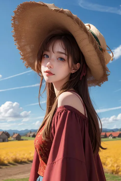 masterpiece,best quality,rustic village,rolling hills,autumn,peasant woman,bonnet,clouds,blue sky,sun,<lora:MengX girl_Mix_V40:0.8>,bohemian chic,playful,freckles,<lora:add_detail:0.7>,