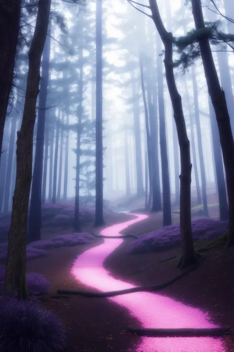 A scene full of fantasy. It shows a winding path through a forest bathed in red and purple light. The trees looked so old and twisted that their branches stretched out as if they were touching each other to form an arch,
Among the trees,some luminous objects can be seen emitting a soft and mysterious light,and the whole environment has a beautiful and eerie feeling,like stepping into some fairy tale or magic world,