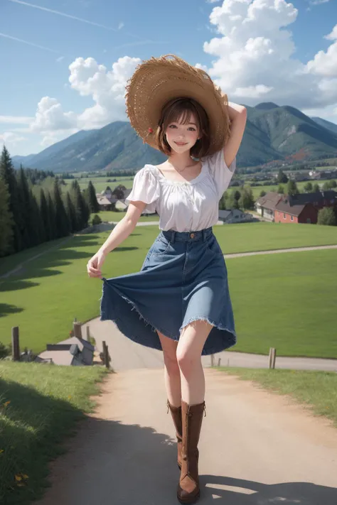 masterpiece,best quality,rustic village,rolling hills,autumn,peasant woman,bonnet,clouds,blue sky,sun,<lora:MengX girl_Mix_V40:0.8>,bohemian chic,playful,freckles,<lora:add_detail:0.8>,short messy hair,full body,head tilt,smile,blush,walking,arm up,beckoning,from above,fisheye,<lora:zoom_slider_v1:-4>,depth of field,foreshortening,dutch angle,open hand,wind,