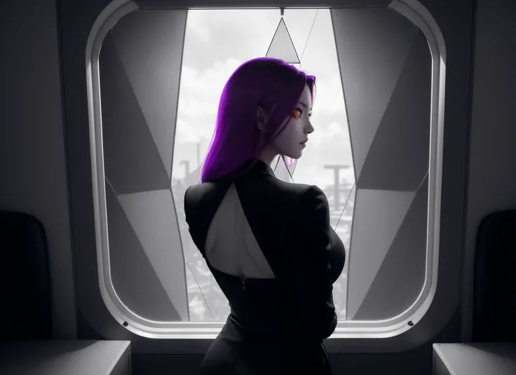 three cornered window, back of head shot of (woman looking out of triangle window:1.1), 3rd person, Looking out the triangular window of a (train:1.1) with triangular windows, triangular windows and triangular, wheels, in a fantasy world,
psychedelic, geometric, vivid light, high contrast, triadic colors, dark shadows, explosions, nuclear mushroom cloud, nuclear explosion, dystopian nightmare,
(beautiful composition),
21 yo woman,
