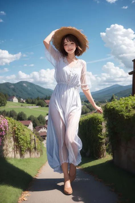 masterpiece,best quality,rustic village,rolling hills,autumn,peasant woman,bonnet,clouds,blue sky,sun,<lora:MengX girl_Mix_V40:0.8>,bohemian chic,playful,freckles,<lora:add_detail:0.8>,short messy hair,full body,head tilt,smile,blush,walking,arm up,beckoning,from above,fisheye,<lora:zoom_slider_v1:-4>,depth of field,foreshortening,dutch angle,open hand,wind,