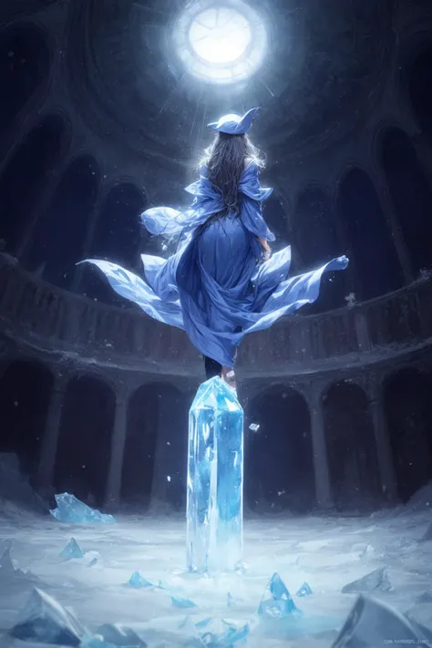 Frost witch,ornate long flowing witch robes (made of clear radiating blue ice:1.4),crowned witch pointy hat,(casting magic),fantasy art,intricate details,style Jean - Baptiste Monge,style Alan Lee,dramatic shot angle,atmospheric particles,back light,dynamic lighting,Real,raw cinematic photorealism,action portrait,8k,detailed,full frame,epic light and shadow,fisheye,from below,snowing,wind,flowing,<lora:add_detail:1>,