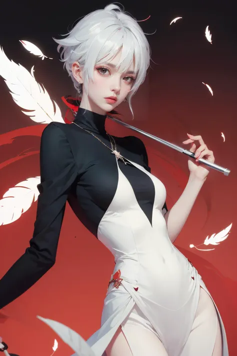 1girl,red and black theme,white hair,black dress,feathers,messy hair,disdain,cowboy shot,weapon,red eyes,holding weapon,