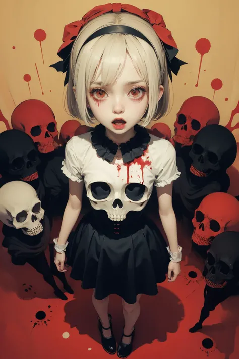 1girl,horror,pale skin,open mouth,alarmed and panicky,fear,full body,blood,with wide eyes,skull,from above,red hairband,black bow,
