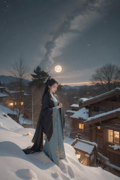 moon,night,long hair,full moon,1girl,sky,snow,outdoors,black hair,hanfu,sitting,night sky,animal,wolf,tree,snowing,long sleeves,wide sleeves,winter,chinese clothes,bangs,bare tree,sidelocks,very long hair,fur trim,star (sky),cloud,steam,jewelry,earrings,fur,closed mouth,<lora:anxiang:0.55>,