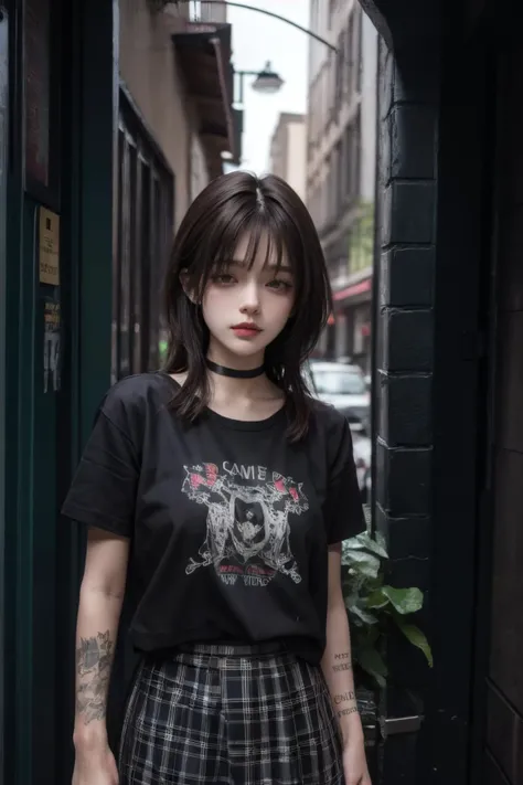 1girl,<lora:MengX girl_Mix_V40:0.8>,<lora:shaded_face2_pruned_0:1>,shaded face,upper body,<lora:punk_v0.2:0.8>,punk,black shirt,choker,tattoo,bangs,in the dark,under the eaves,rain,rainy day,plaid skirt,multicolored hair,thigh boots,black lips,<lora:hypnoLora8-000012:0.8>,hypnoLora,empty eyes,against wall,<lora:LowRA.V2:0.8>, dark theme,