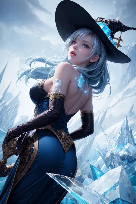 illustration, woman, blue lipstick on lips, cinematic lighti, highest quality, ultra detailed realism, detailed face, detailed eyes, best quality, hyper detailed, Works Prima, Masterpiece, Top Quality, Best, Official Art, Beautiful and Aesthetic, Long Exposure: 1 leggy and thin woman, broad and delicate shoulders, medium breasts, Charming Patterns, Icy witch woman, White , eyes covered by a veil made of ice,  Her body is covered with pieces of ice detailed in a beautiful black dress, witch, winter, ice throne, witchcraft, Tone of Magic in Blue, strong glow in neon blue, queen, majesty, in the background a blizzard covering the environment. Front portrait, full body.