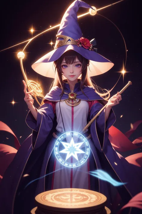 anime,cute girl,solo,wizard hat,robe,holding ancient staff,happy,magic circle,midnight,bloom,ambient occlusion,glowing lights,light particles,bokeh,glowing,