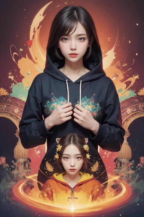 masterpiece,best quality,illustration,1 girl,mature female,small breast,beautiful detailed eyes,long sleeves,hoodie,frills,simple background,bright skin,isometric,psychedelia art,celluloid,Kinetic Art,