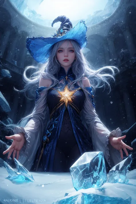 Frost witch,ornate long flowing witch robes (made of clear radiating blue ice:1.4),crowned witch pointy hat,(casting magic),fantasy art,intricate details,style Jean - Baptiste Monge,style Alan Lee,dramatic shot angle,atmospheric particles,back light,dynamic lighting,Real,raw cinematic photorealism,action portrait,8k,detailed,full frame,epic light and shadow,fisheye,from below,snowing,wind,flowing,<lora:add_detail:1>,