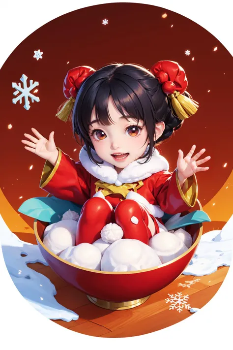 1girl,small breasts,face up,happy,black hair,laughing,(open mouth:1.2),(teeth:1.3),red eyes,chibi,tassel,<lora:MengX girl_Mix_V40:0.8>,blush,the girl sit in the bowl,hand wave,hands up,double bun,
BREAK Soryu Asuka Langley,dumplings,snow,snowflakes,red theme,twelve zodiac signs,stacked paper cutting art,bowl of dumplings,oversized food,<lora:ä¼ ç»èæ¥_Qçç´ æ_å¬è³_v1.0:0.6>,winter solstice,simple background,