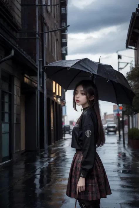 1girl,<lora:MengX girl_Mix_V40:0.8>,<lora:shaded_face2_pruned_0:1>,shaded face,upper body,<lora:punk_v0.2:0.8>,punk,black shirt,choker,tattoo,bangs,in the dark,under the eaves,rain,rainy day,plaid skirt,multicolored hair,thigh boots,black lips,<lora:hypnoLora8-000012:0.8>,hypnoLora,empty eyes,against wall,<lora:LowRA.V2:0.8>,dark theme,night,lamppost,wind,floating hair,from side,looking back,