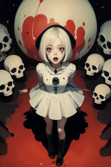 1girl,horror,pale skin,open mouth,alarmed and panicky,fear,full body,blood,with wide eyes,skull,from above,