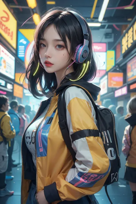 1girl,solo,jacket,short hair,black hair,neon lights,headphones,lips,headset,looking at viewer,nose,mole,backpack,upper body,yellow jacket,cyberpunk,bag,<lora:MengX girl_Mix_V40:0.8>,music,music notation,to dance,