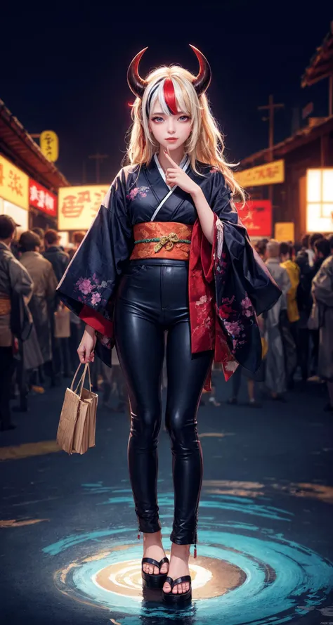 absurdres,highres,high quality,ultra detailed,official art,fisheye,upper shot,(glitch art:1.5),1woman,solo,beautiful face,oni horns,blonde and red (streaked hair:1.2),highlights hair,long hair,evil smile,glowing eyes,leather pants,(kimono:1.3),(jacket:1.1),<lora:add_detail:0.8>,forehead mark,psychological struggle,rule of thirds,color conflict,alternative perspective,