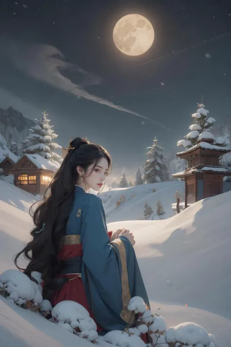 moon,night,long hair,full moon,1girl,sky,snow,outdoors,black hair,hanfu,sitting,night sky,animal,wolf,tree,snowing,long sleeves,wide sleeves,winter,chinese clothes,bangs,bare tree,sidelocks,very long hair,fur trim,star (sky),from side,cloud,steam,jewelry,earrings,fur,closed mouth,<lora:anxiang:0.55>,