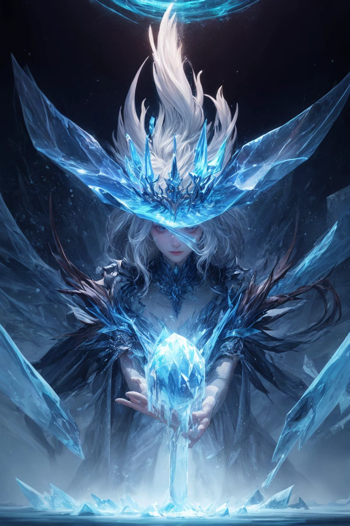Frost witch,ornate long flowing witch robes (made of clear radiating blue ice:1.4),crowned witch pointy hat,(casting magic),fantasy art,intricate details,style Jean - Baptiste Monge,style Alan Lee,dramatic shot angle,atmospheric particles,back light,dynamic lighting,Real,raw cinematic photorealism,action portrait,8k,detailed,full frame,epic light and shadow,fisheye,from below,snowing,wind,flowing,<lora:add_detail:1>,