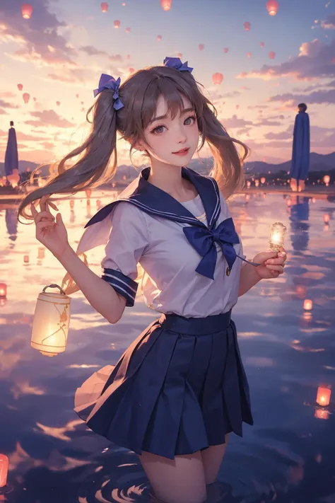 sky lantern,standing on water,feet in water,ripples,the lavender sky,(sailor shirt,pleated skirt,twin tails,long hair,bow:1.4),(happy,smile,shy,blush:1.2),wind,floating hair,dynamic pose,fisheye,
A whimsical sight of paper lanterns floating against the twilight sky,captured in a wide view by Tim Walker. The lanterns cast a warm glow,creating a dreamlike tableau that melds tradition with beauty,i can't believe how beautiful this is,dream-like atmosphere,<lora:绪å¿-åæç¯èæ¯_V1:0.8:lbw=OUTALL>,(((spinning))),volumetric lighting,<lora:MengX girl_Mix_V40:0.8>,vibrant colors,rule of thirds,romanticism,cowboy shot,