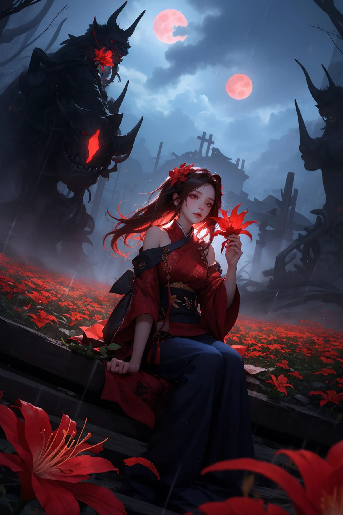 1girl,spider lily,red flowers,rain,sky,<lora:spider_lily-000010:0.4>,long hair,mist,fog,haze,fisheye,cowboy shot,flower field,<lora:PAseerSytxJourney:0.8>,horror,dark theme,monster girl,sytx,yinjian,night,red moon,dynamic pose,glowing,sitting,