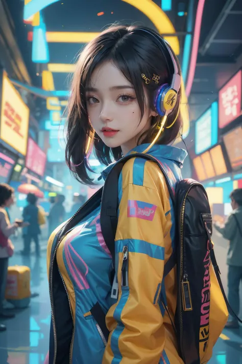 1girl,solo,jacket,short hair,black hair,neon lights,headphones,lips,headset,looking at viewer,nose,mole,backpack,upper body,yellow jacket,cyberpunk,bag,<lora:MengX girl_Mix_V40:0.8>,music,music notation,to dance,happy,smile,blush,