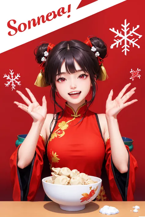 1girl,small breasts,face up,happy,black hair,laughing,(open mouth:1.2),(teeth:1.3),red eyes,chibi,tassel,<lora:MengX girl_Mix_V40:0.8>,blush,the girl sit in the bowl,hand wave,hands up,double bun,china dress,
BREAK Soryu Asuka Langley,dumplings,snow,snowflakes,red theme,twelve zodiac signs,stacked paper cutting art,bowl of dumplings,oversized food,<lora:ä¼ ç»èæ¥_Qçç´ æ_å¬è³_v1.0:0.6>,winter solstice,red background,